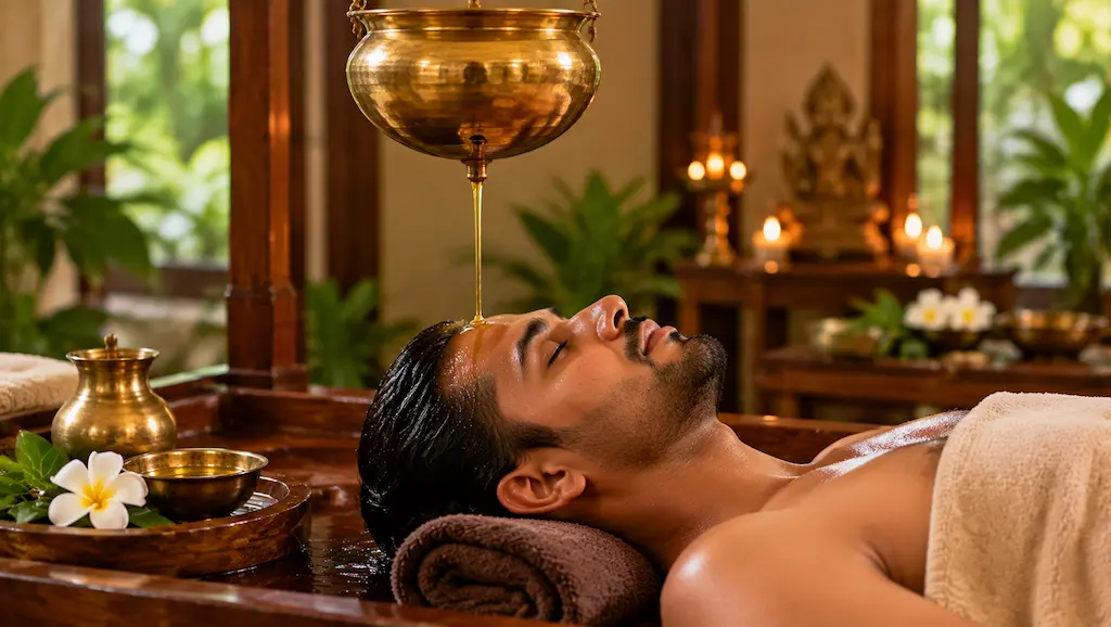 Ayurveda treatment center Dammam offering Shirodhara with warm herbal oil