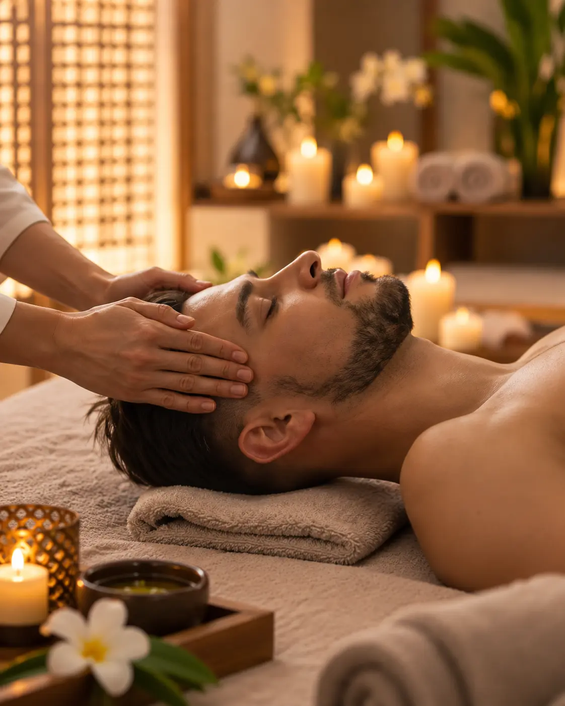Head and face massage in a candlelit treatment room